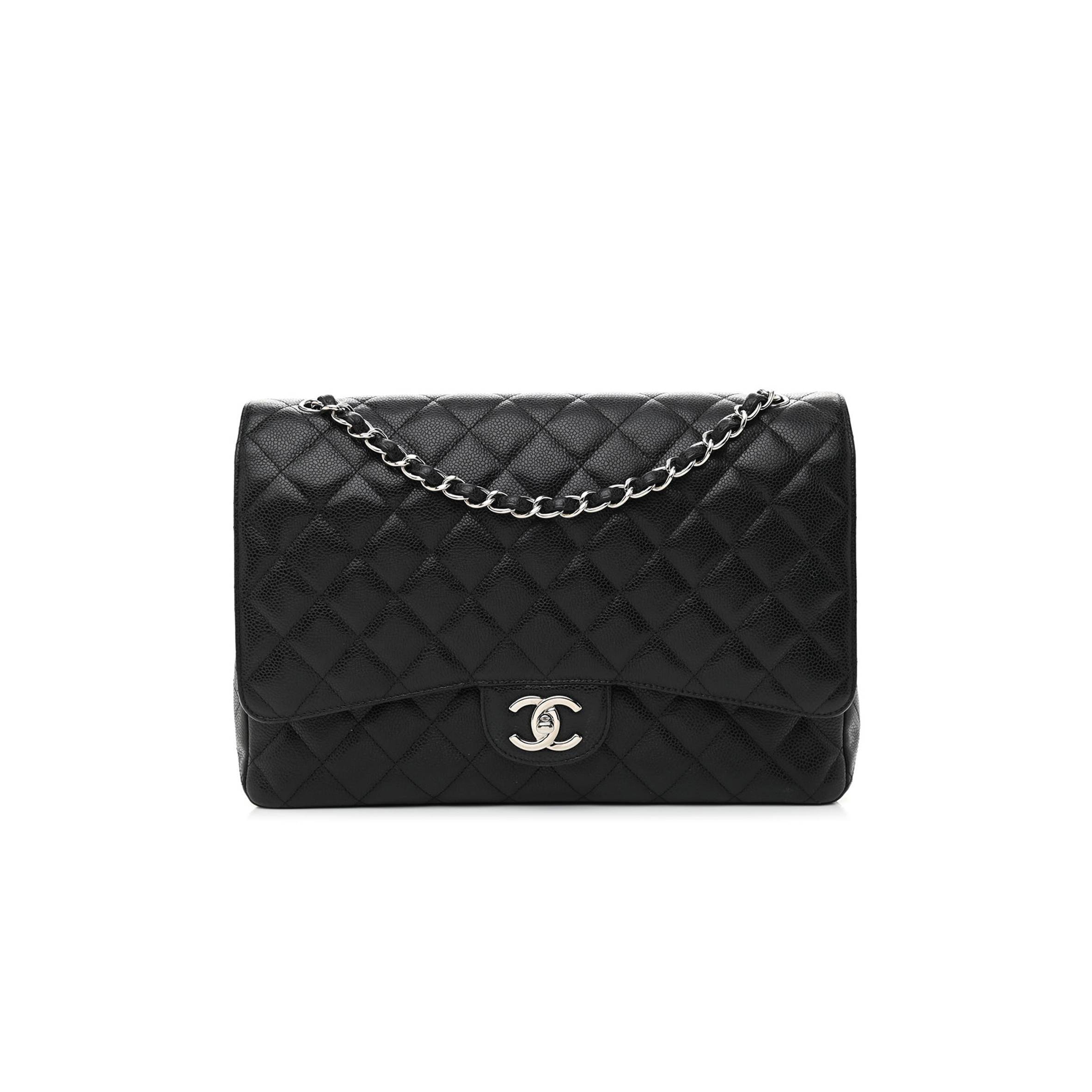 CHANEL CAVIAR QUILTED MAXI DOUBLE FLAP BLACK SILVER HARDWARE (33*24*9cm)