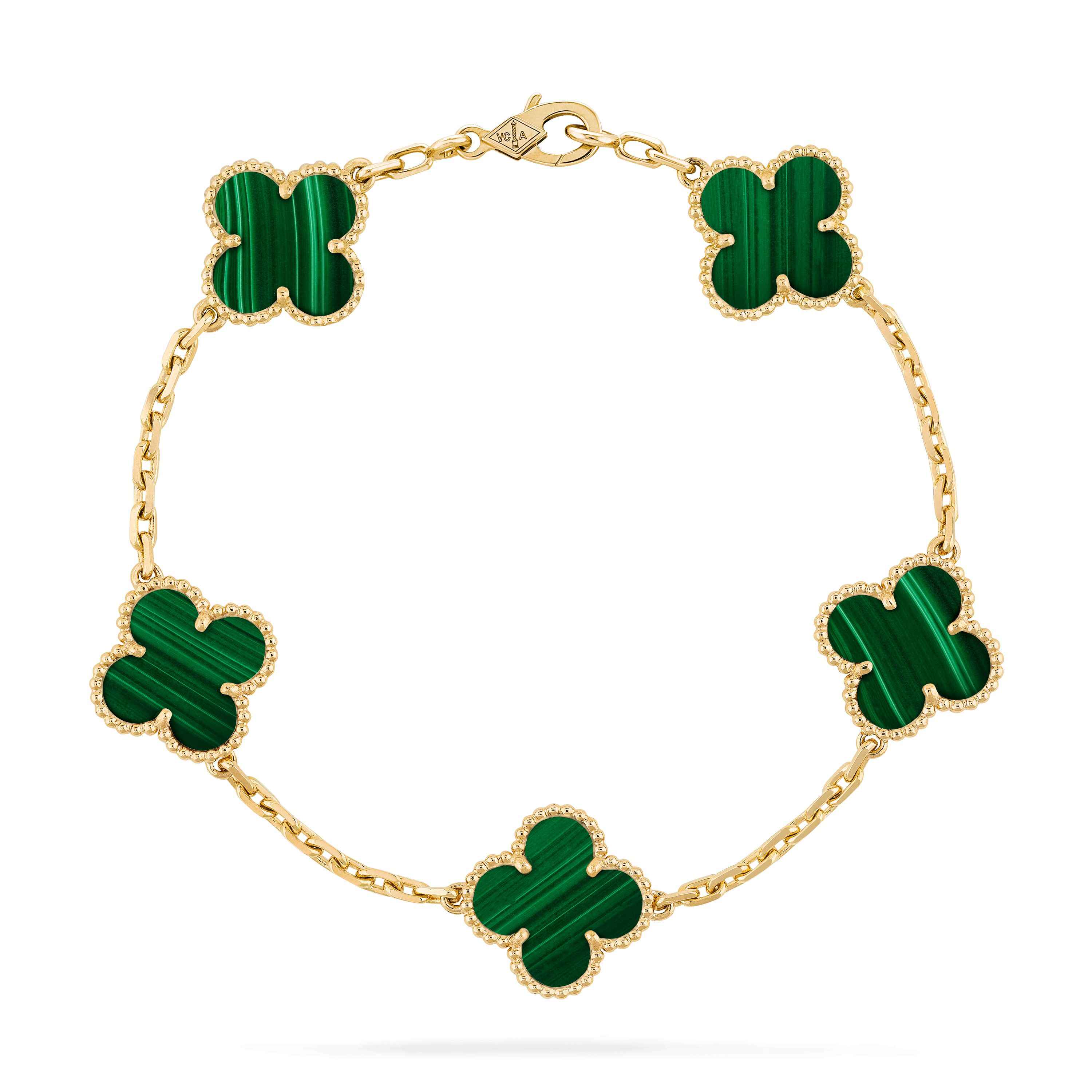 VAN CLEEF ARPELS VINTAGE ALHAMBRA BRACELET, 5 MOTIFS - YELLOW GOLD, MALACHITE  VCARL80900