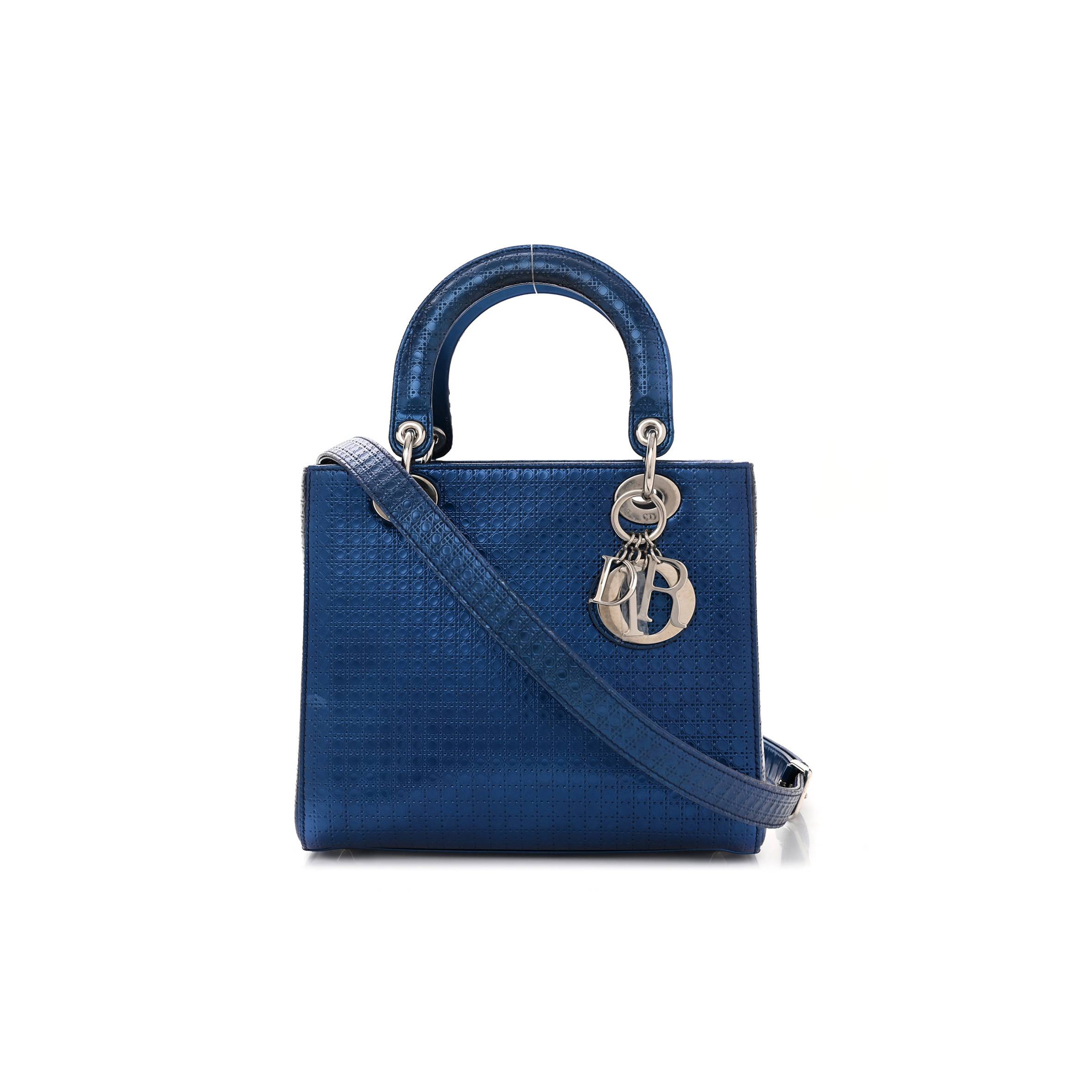 DIOR METALLIC PATENT MICRO-CANNAGE MEDIUM LADY DIOR BLUE (23*21*12.1cm)